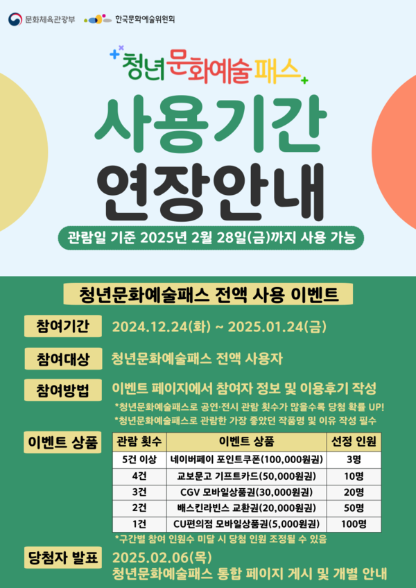 2024년 청년문화예술패스  사용기간 연장안내 이미지 1