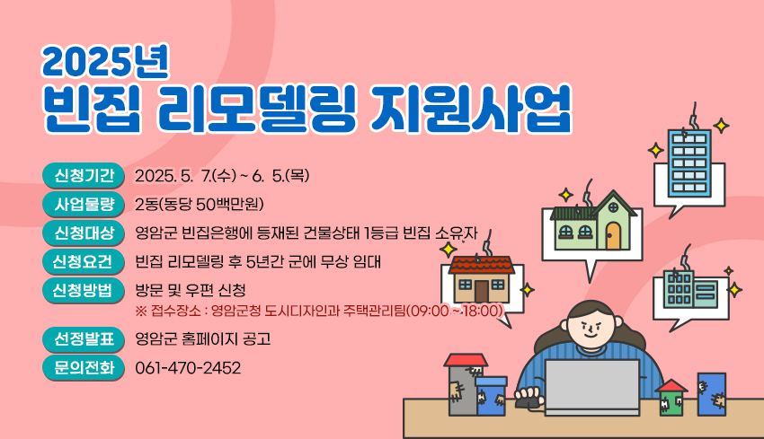 2025년 빈집 리모델링 지원사업 신청기간 : 2025. 5.  7.(수) ~ 6.  5.(목)/ 
			사업물량 : 2동(동당 50백만원) / 신청대상 : 영암군 빈집은행에 등재된 건물상태 1등급 빈집 소유자 / 신청요건 : 빈집 리모델링 후 5년간 군에 무상 임대 / 
			신청방법 : 방문 및 우편 신청 ※ 접수장소 : 영암군청 도시디자인과 주택관리팀(09:00 ~ 18:00) / 선정발표 : 영암군 홈페이지 공고 / 문의전화 : 061-470-2452
